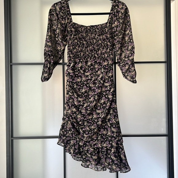 ASTR RUCHED SWEETHEART 3/4 SLEEVE ASYMMETRICAL BLACK PURPLE DITSY DRESS - Picture 5 of 7